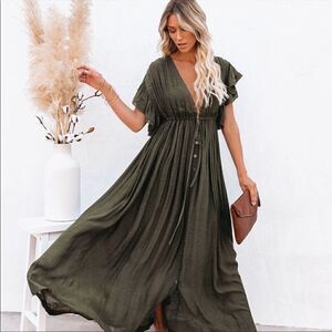 🎉HP🎉New Bohemian Long Olive Gauze Maxi Summer Dress